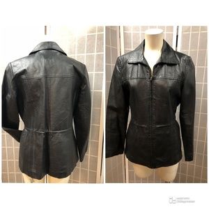 G NY,Woman,Leather jacket large,Black,Sz M,long sleeve, zipper, sport collar.!